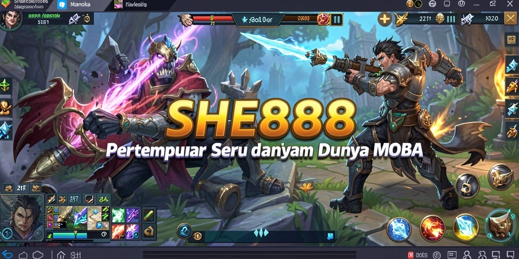Gameplay seru di SHE888 dengan pertempuran strategi MOBA yang intens.